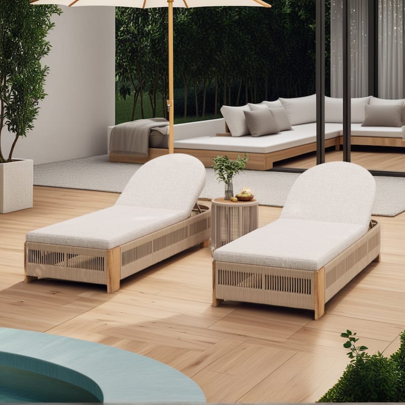 Outdoor Chaise Lounge w/Adjustable Backrest and Waterproof Cushion, Acacia Wood Pool Chair - Teak+Beige 2chair+1 side table