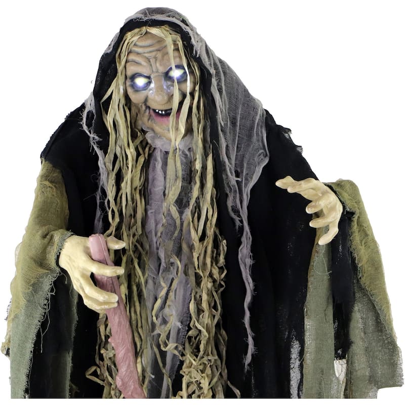 Haunted Hill Farm Life-Size Animatronic Witch, Indoor/Outdoor Halloween Decoration, Light-up White Eyes, Poseable