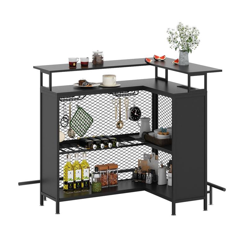 EROMMY L Shaped Bar Cabinet, 4-Tier Bar Table with Wine Rack and LED Lights, Corner Bar Stand with Storage, Liquor Cabinet