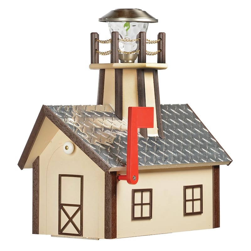 Deluxe Wood Mailbox with Aluminum Diamond Plate Roof and Lighthouse - Ivory and Brown