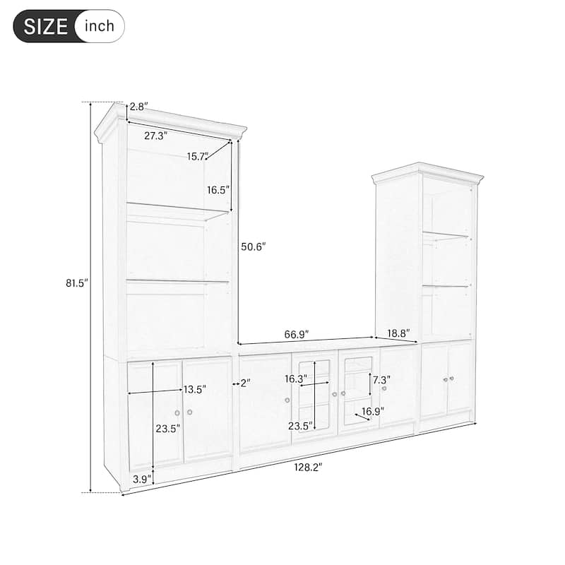 128" Wall Unit Entertainment Center with Bookshelves, Wood Media Console TV Storage Cabinets with Glass Doors for TVs up to 80"