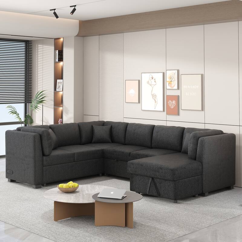 108.6" U-shaped Sectional Sofa Pull out Sofa Bed with Two USB Ports, Two Power Sockets, Three Back Pillows and a Storage Chaise - Black