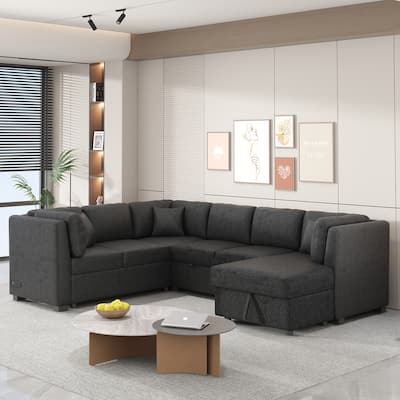 108.6" U-shaped Sectional Sofa Pull out Sofa Bed with Two USB Ports, Two Power Sockets, Three Back Pillows and a Storage Chaise