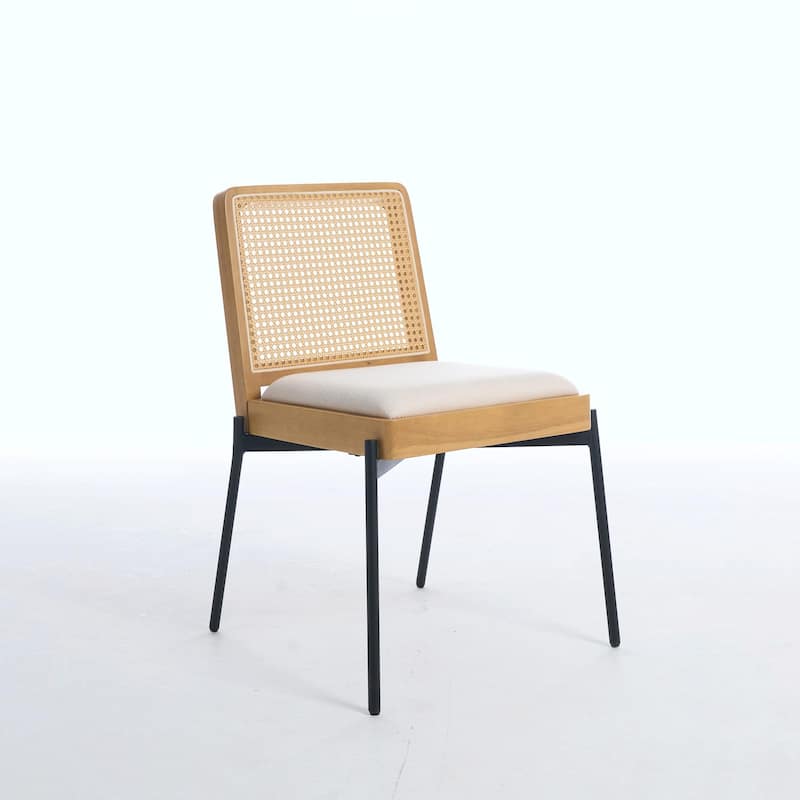 Mid-Century Dining Chairs Set of 2, Accent Linen Fabric Side Chairs with Rattan Backrest and Metal Legs