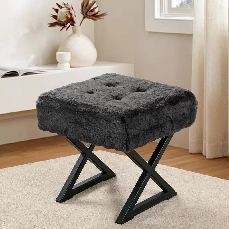 FauxFur Ottoman Vanity Stool 19"X19"X19". - 19"x19"x19" - Charcoal