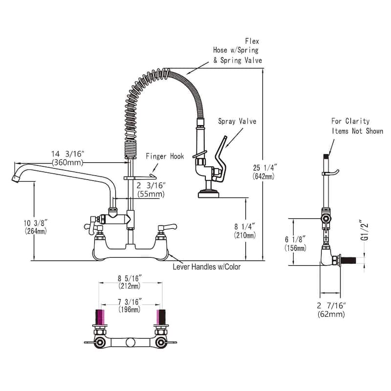 Commercial Wall Mount Kitchen Faucets Pre-Rinse Sprayer, 12 In Swivel Spout