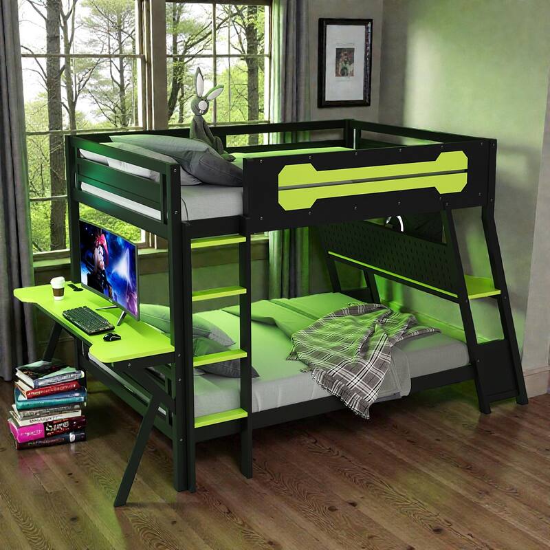 Twin/Full Gaming Bunk Bed with Dual Desks, USB Charging Ports and Pegboard Organizer, Gamer Bunk Frame
