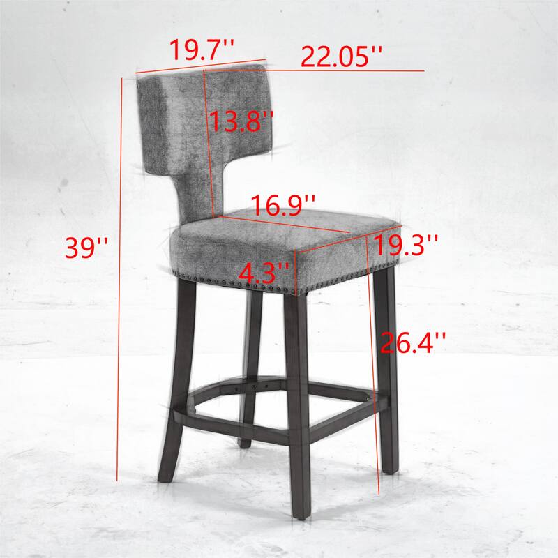 Set of 2 Mid-Century Modern Counter Height Bar Stools with Linen Upholstery Curved Backrest Copper Nail Solid Hardwood Frame