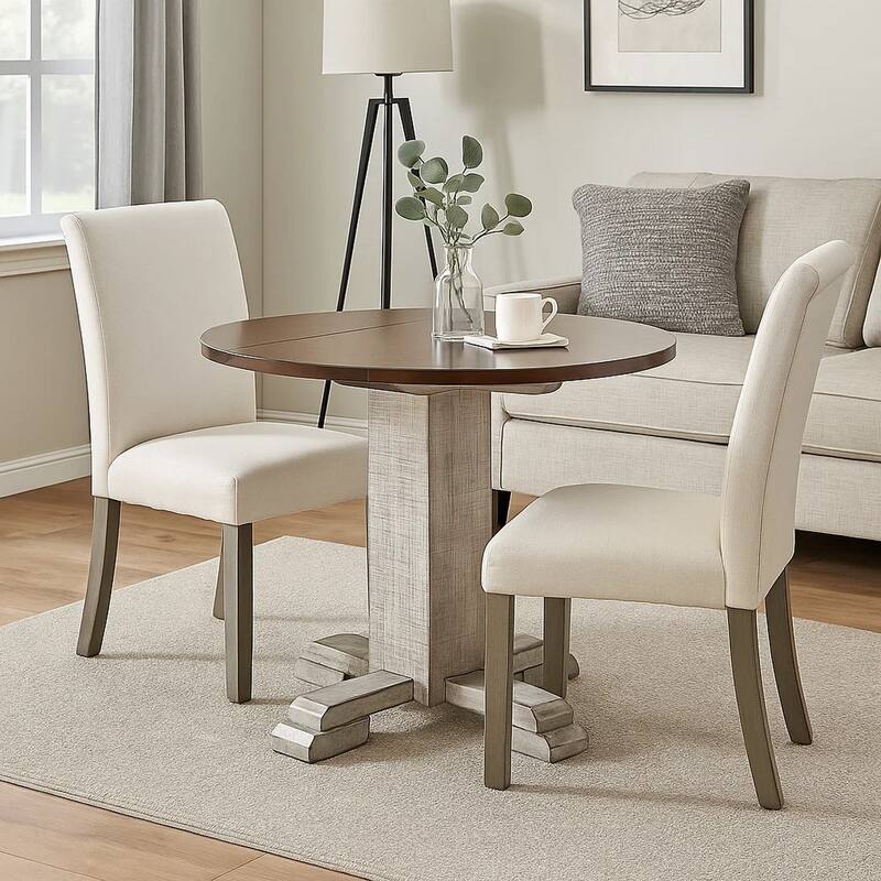 Camie Dining Table, 40 Inch Brown Round Top w Drop Leafs, Rustic Gray