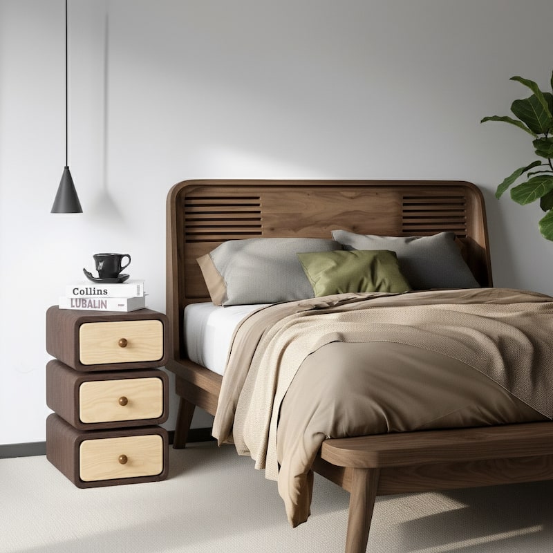3-Tier Solid Wood Nightstand with Swivel Drawers