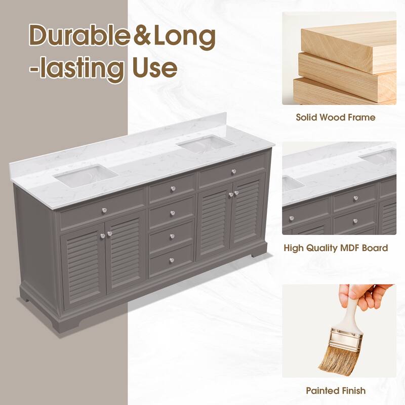 72-Inch Solid Wood Double Sink Bathroom Vanity with Louvered Doors – Classic Coastal Style and Ample Storage
