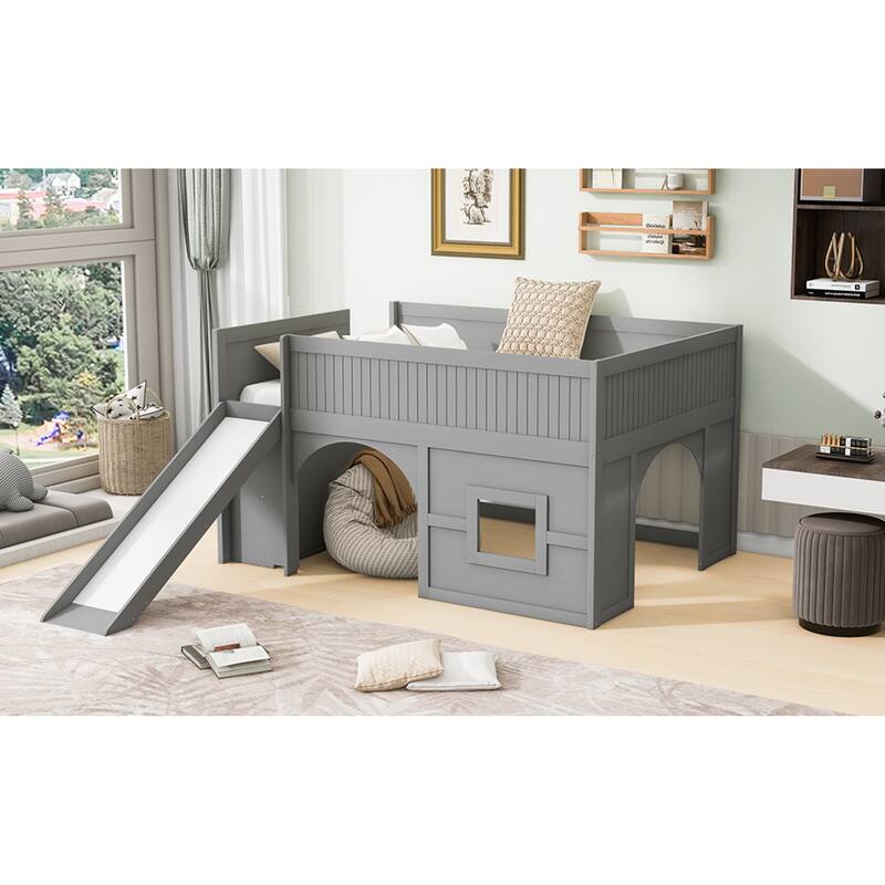 Roomfitters Full Low Loft Bed with Slide, Storage Shelves and Window Design