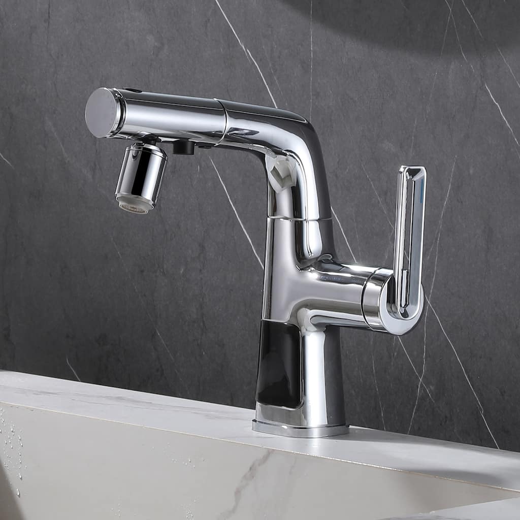 Modern LED Temperature Display Liftable 360° Rotatable Bathroom Pull-out Faucet with Three Functions