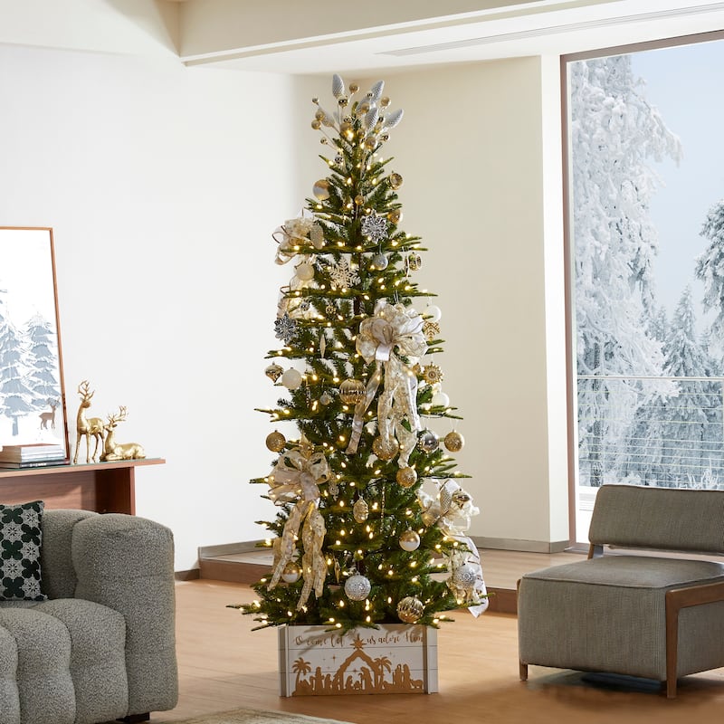 Glitzhome 7.5ft/9ft Pre-Lit Evergreen Slim Fir Artificial Christmas Tree With Strawberry Lights