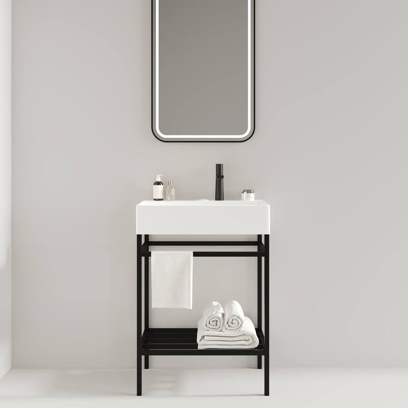 24" LOFI Freestanding Bathroom Vanity with Glossy Red Rectangular Ceramic Basin, Storage Shelves, Open Metal Leg Design - 23.62in L Ceramic - 23.62in L White+Black