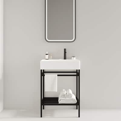 High-Performance Ceramic Integrated Bathroom Sink with Sturdy Iron Storage Shelf, Pre-Drilled Faucet Hole - 23.62in L Ceramic