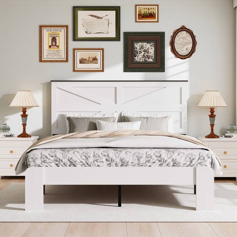 Industrial Style Wood Platform Bed Frame,No Box Spring Needed and Easy Assembly Tool - White - King