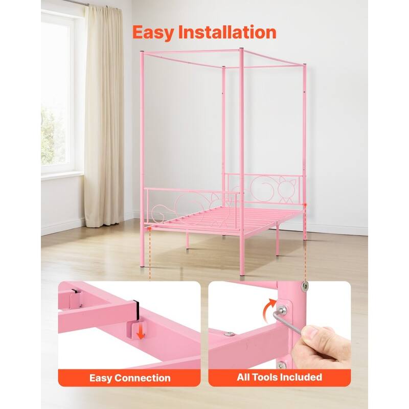 Pink Twin Canopy Bed Frame Metal Sturdy Four-Post Design with Under-Bed Storage Space