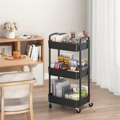 3-Tier Plastic Rolling Utility Cart - 11.42"D x 15.35"W x 29.92"H