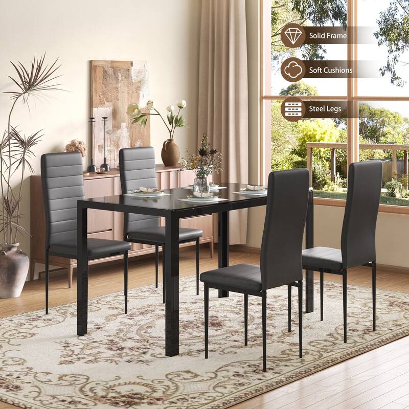 5/7-Piece Glass Top Dining Table Set, Kitchen Table and 4/6 Luxury Faux Leather Chairs, Home Furniture Rectangular Modern, Black