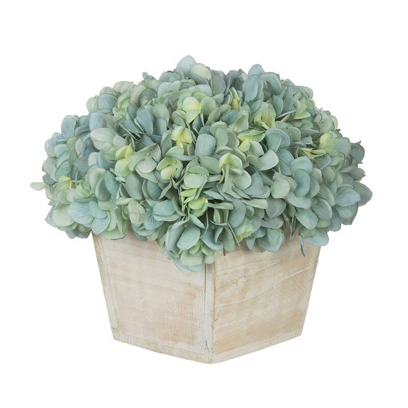 Faux Hydrangea in White Washed Wood Cube Planter - Teal