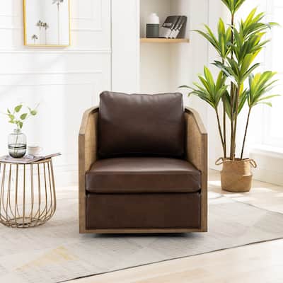 High Back 360 Degree Swivel Barrel Chairs, Leather Material Leisure Arm Chair Living Room Comfy Round Accent Sofa Chair