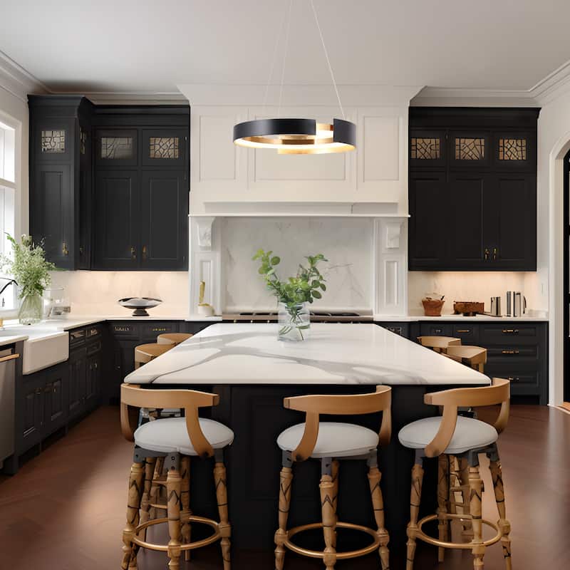Modern 1-Light Black Gold LED Chandelier Round Metal Pendant Lights for Dining Room