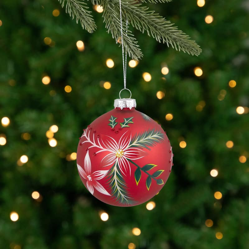 Poinsettia and Holly Glass Christmas Ball Ornament - 4" - Red