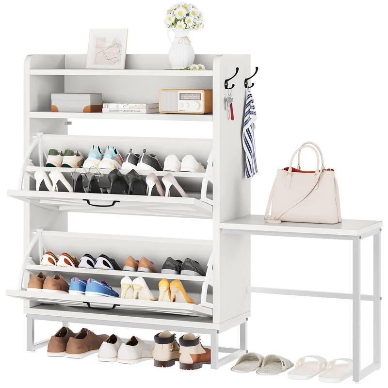 Moasis Farmhouse Shoe Storage Cabinet with 2 Flip Drawers 16 Pairs Freestanding Shoe Organizer - 51.1"L x 9.45"W x 45.8"H