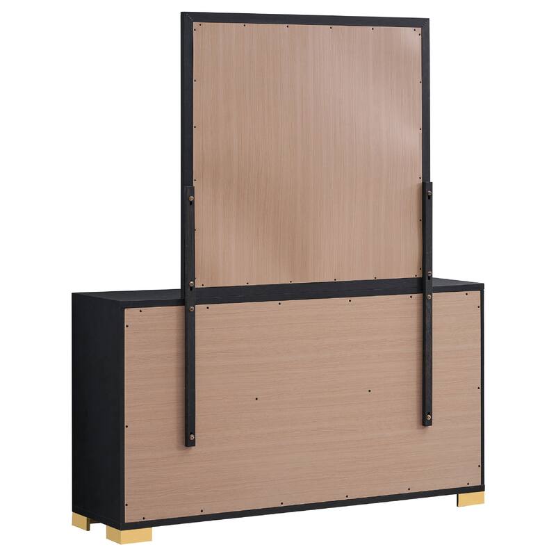 Dex Wide 6 Drawer Dresser with Mirror, Contemporary Gold Metal, Black