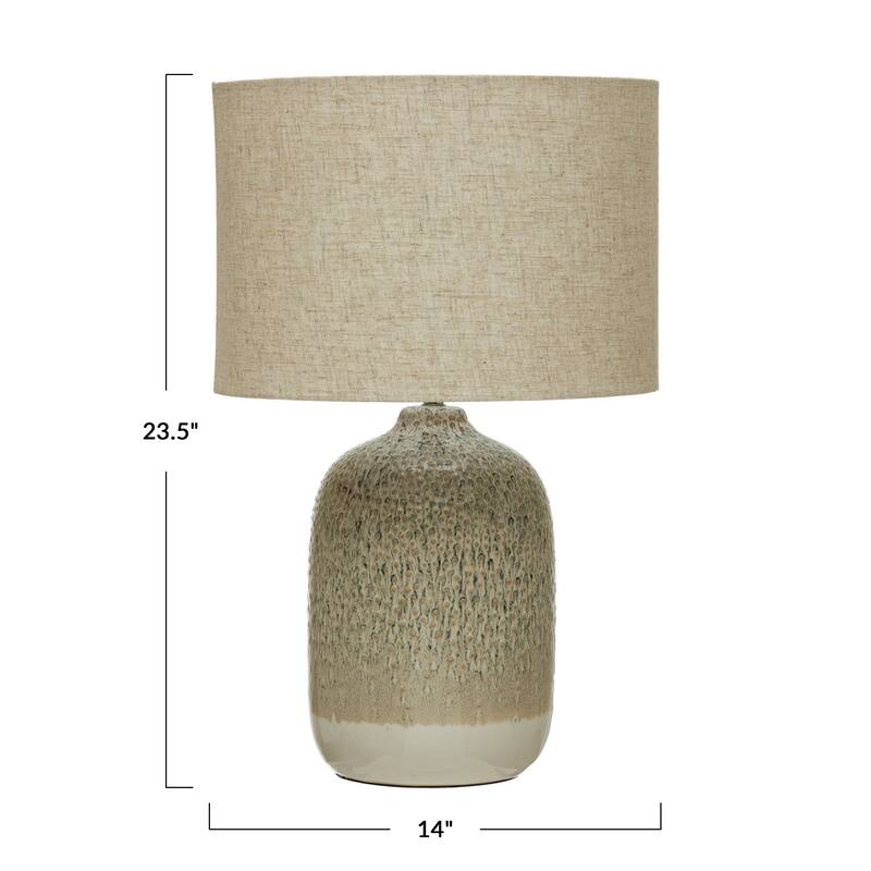 Stoneware Table Lamp with Linen Shade & Inline Switch, Reactive Glaze, Taupe Color