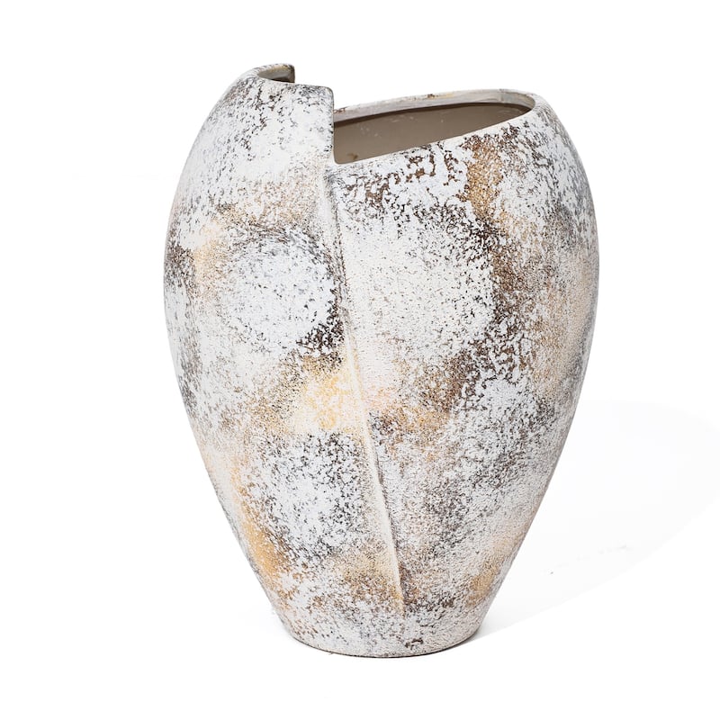Marbled White Modern Jagged Top Urn Tall Stoneware Vase (Single)