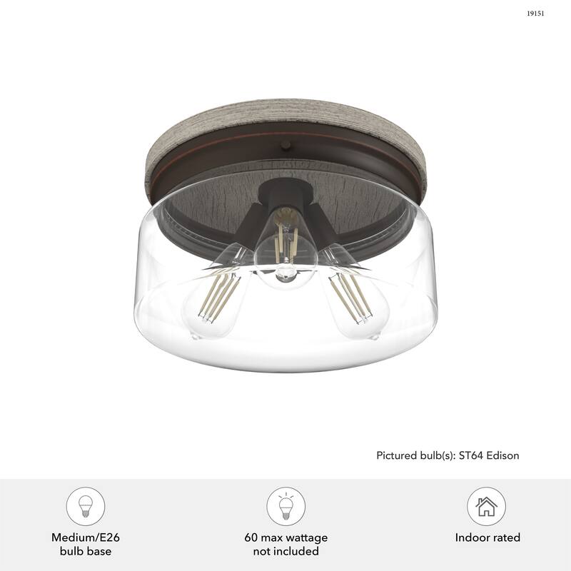 Hunter Devon Park 3-Light Flush Mount Ceiling Light - Clear Glass - Farmhouse, Rustic, Transitional