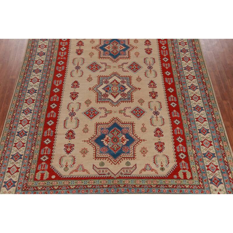 Hand Knotted Oriental 100% Wool Carpet Traditional Geometric Beige & Ivories Kazak Area Rug - 12' 3'' X 9' 0''