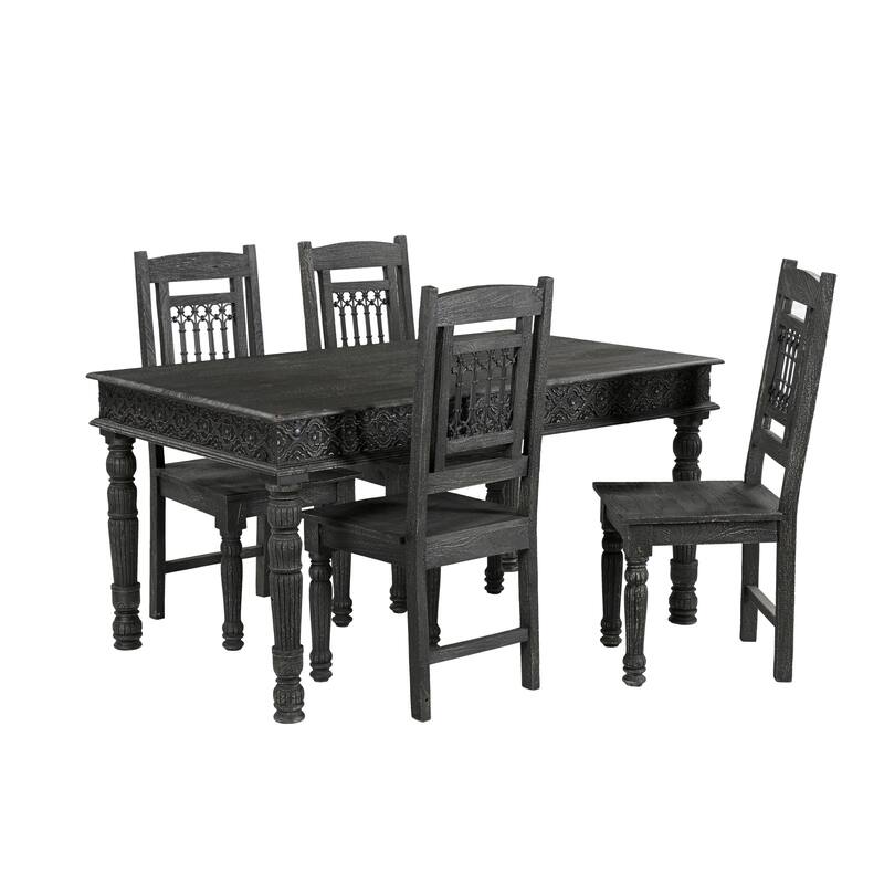 Milton Carved Solid Wood Dining Set - 5-piece - Black