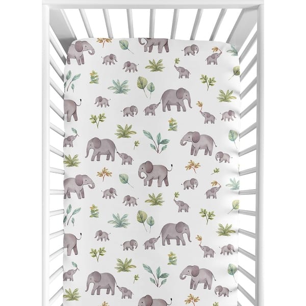slide 2 of 6, Sweet Jojo Designs Watercolor Elephants Boy Girl Gender Neutral Fitted Crib Sheet Green Grey Jungle Safari Palm Trees Leaf Gray