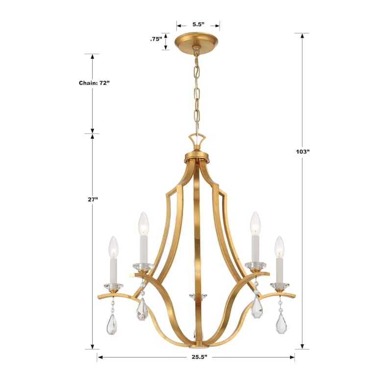 Perry 5 Light Antique Gold Chandelier - 25.5"W x 27"H x 25.5"D