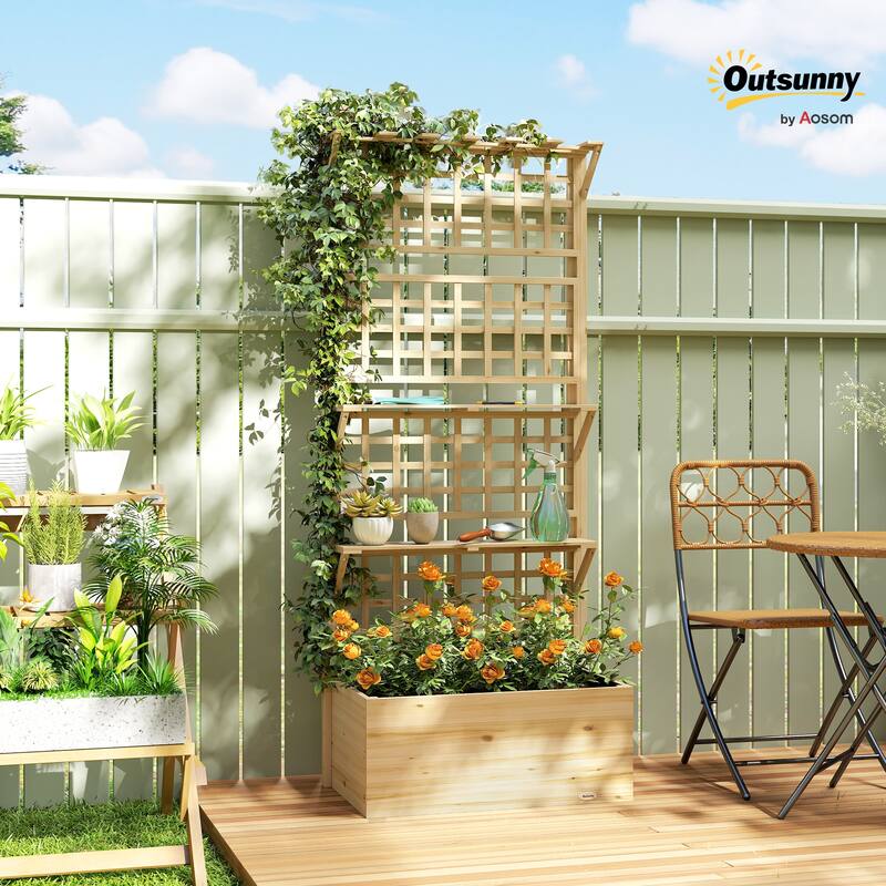 Outsunny Wooden Raised Garden Bed with Trellis and Roof, Elevated Outdoor Planter Box with 2 Shelves,Natural - Brown