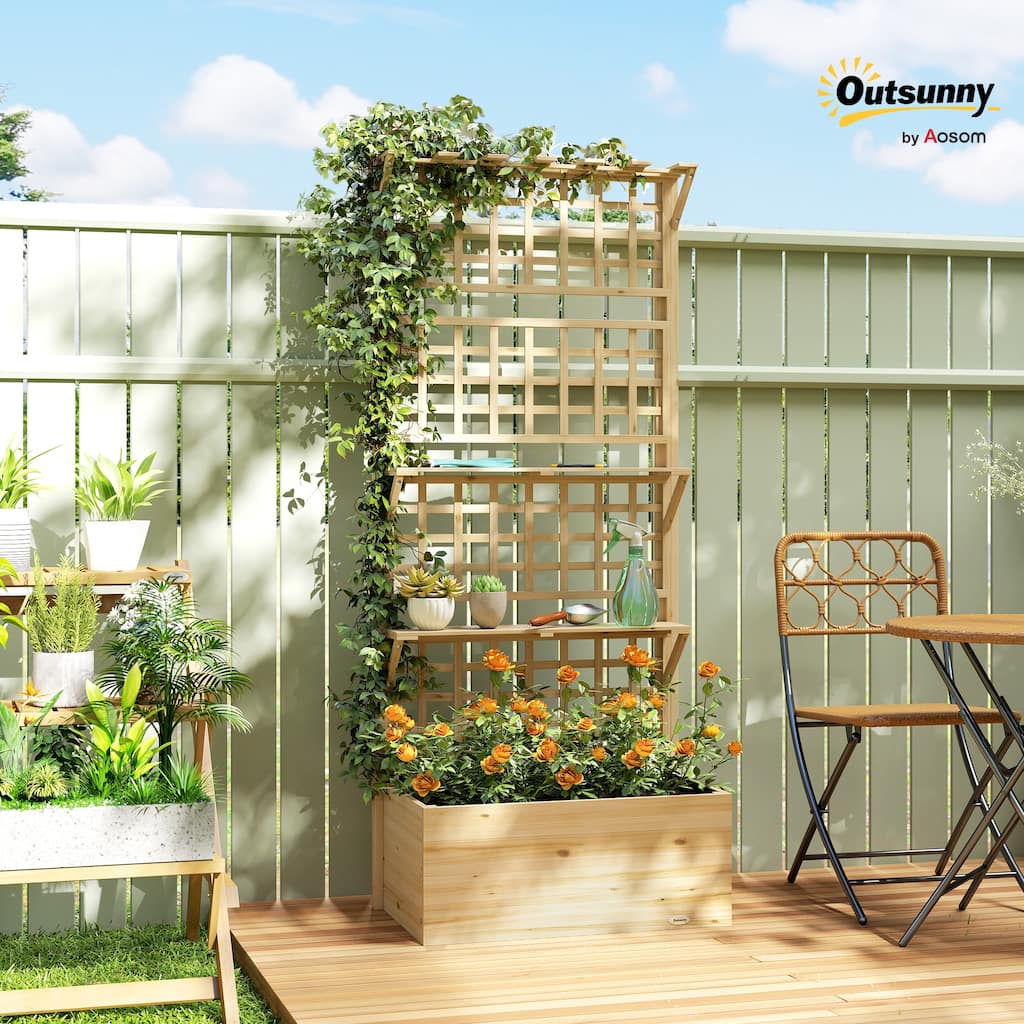 Outsunny Wooden Raised Garden Bed with Trellis and Roof, Elevated Outdoor Planter Box with 2 Shelves,Natural