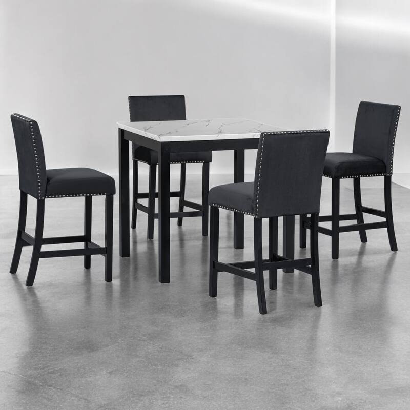 5-Piece Counter Height Dining Table Set with Faux Marble Top, Velvet Upholstered Chairs for Kitchen or Dining Room