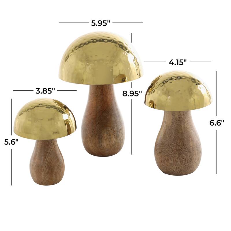 Gold or Silver Stainless Steel Handmade Hammered Mushroom Sculpture with Brown Mango Wood Bases (Set of 3)