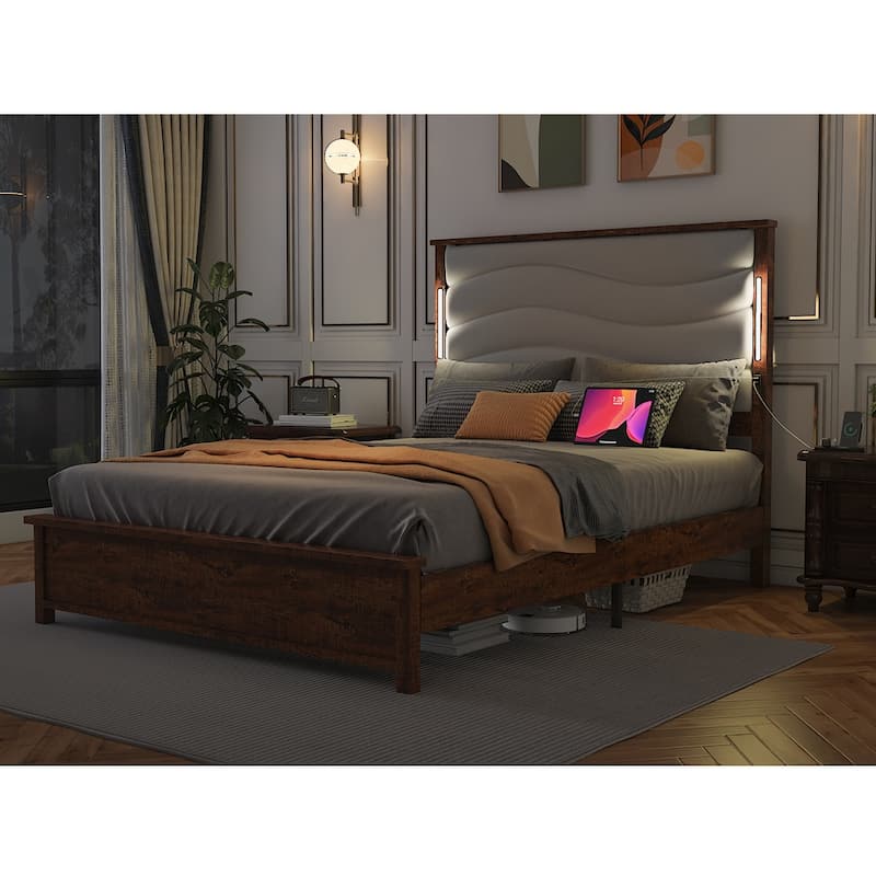Queen Size Bed Frame with Upholstered Headboard, Charging Station, LED Lights, Wood Slats, No Box Spring Needed, Easy Assembly