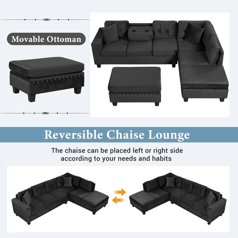 105.1" Velvet L-Shaped Sectional Sofa with Reversible Chaise, Storage Ottoman and Cup Holders