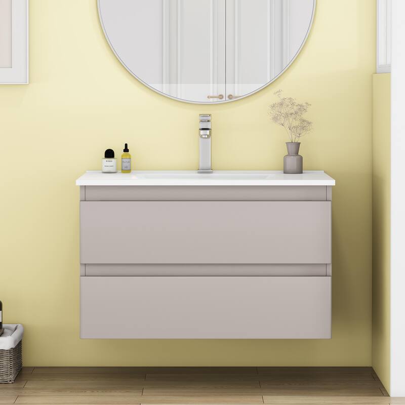32 Inch Floating Bathroom Vanity with One-piece Ceramic Sink, Wall Mounted Cabinet with 2 Drawers - Gray - 32 Inch