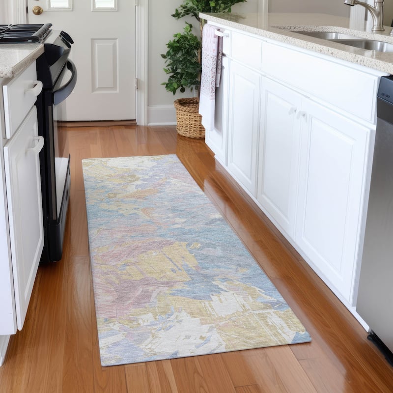 Premium Washable Super Soft Modern Brushstrokes Mayfield Rug - Sky - 2'3" x 7'6"
