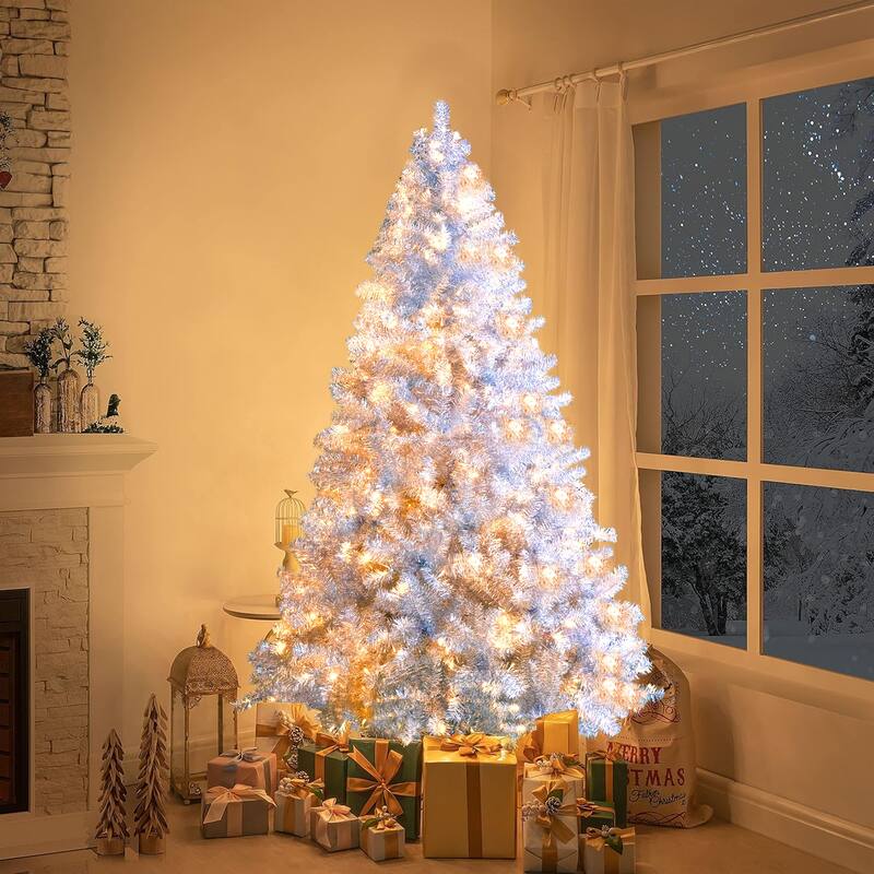 6FT Pre-Lit Artificial Christmas Tree, Hinged Full Tree with Metal Stand, 800 Branch Tips, 300 LED Lights,11 Lighting Modes