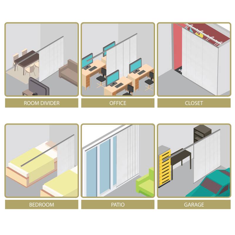 InStyleDesign 6-Panel Panel Track / Room Divider/ Blinds 48"-84"W x 91.4"H, Panel width 15.75", Geometric White, Champagne
