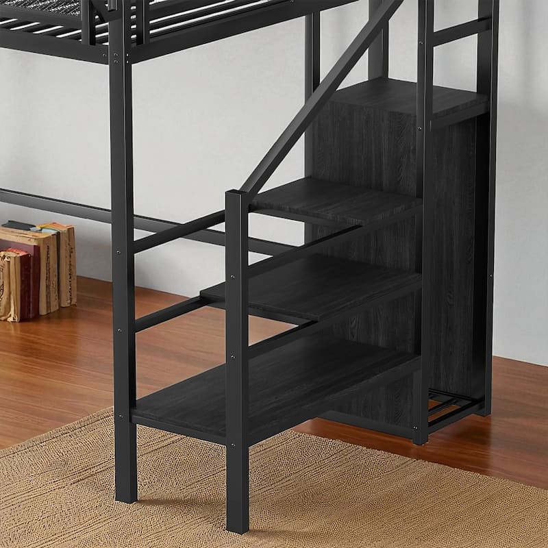 Twin Size Loft Bed with Stairs and Storage Shelves, Metal High Loft Bed with Wardrobe for Kids and Teens