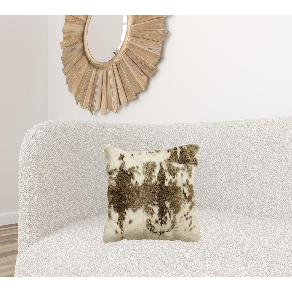 HomeRoots 18" X 18" Brown And White Rabbit Zippered Natural Fur Animal Print Throw Pillow