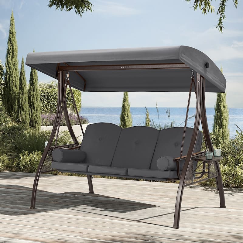 3-Seat Patio Swing with Adjustable Canopy, 750lbs Heavy Duty, Convertible Outdoor Bed, All-Weather, Cup Holders & Thick Cushions - Grey